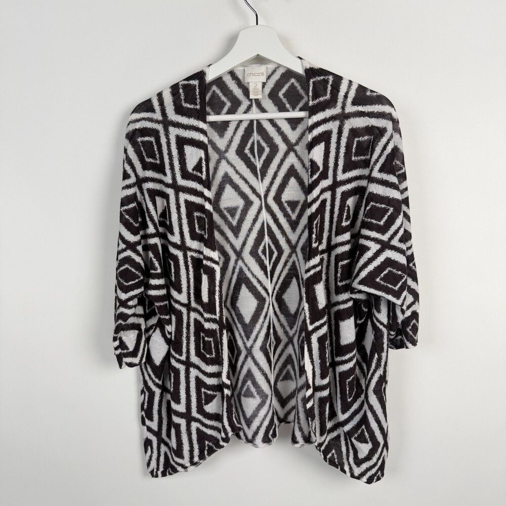 Chico's Cardigan Sweater 2 Large Brown Geometric Coastal Bohemian Open Front